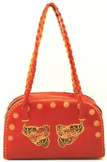 Red Faux Leather Floral Embossed Handbag w/Braided Straps