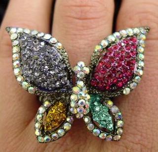 Multi Color Stretchy Rhinestone Butterfly Ring