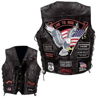 Leather Biker Vest with 14 Patches (Size3: L)