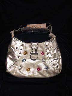 Metallic Silver Faux Gem Stones Studded Handbag