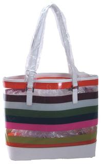 White Trim Tote Style Handbags with Clear and Opaque Colored Stripes